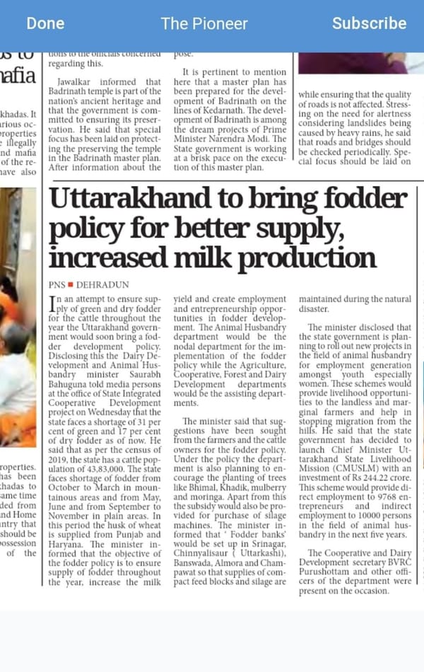 Fodder Policy - nutritious feed for cattles &amp; quality milk